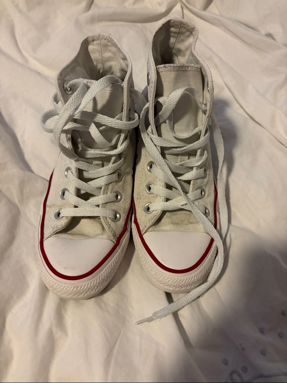 High-Top Canvas Sneakers in Off-White with Red Trim
